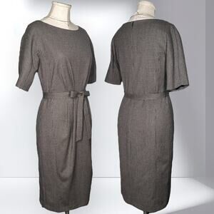 WEEKEND MAXMARA Virgin Wool Sheath Dress Belted Pleated Houndstooth Brown Career